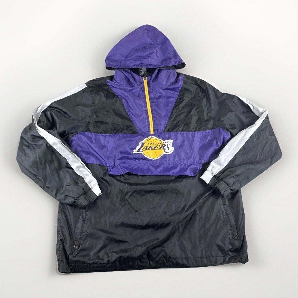 LA Lakers Pullover Windbreaker Mens M Black Purple Jacket Hooded NBA Basketball